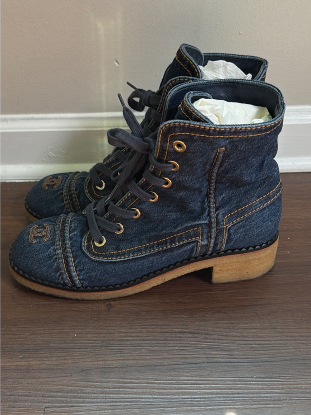 Chanel Denim Navy Lace-Ups Boot - Picture 3 of 8